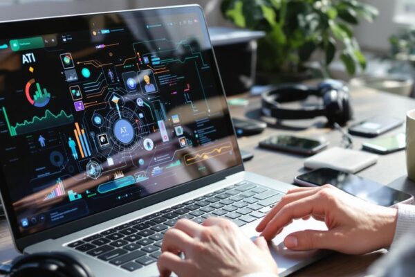Person working on laptop with AI graphics, modern workspace