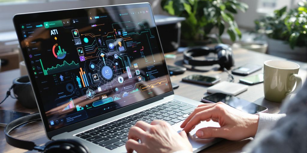 Person working on laptop with AI graphics, modern workspace