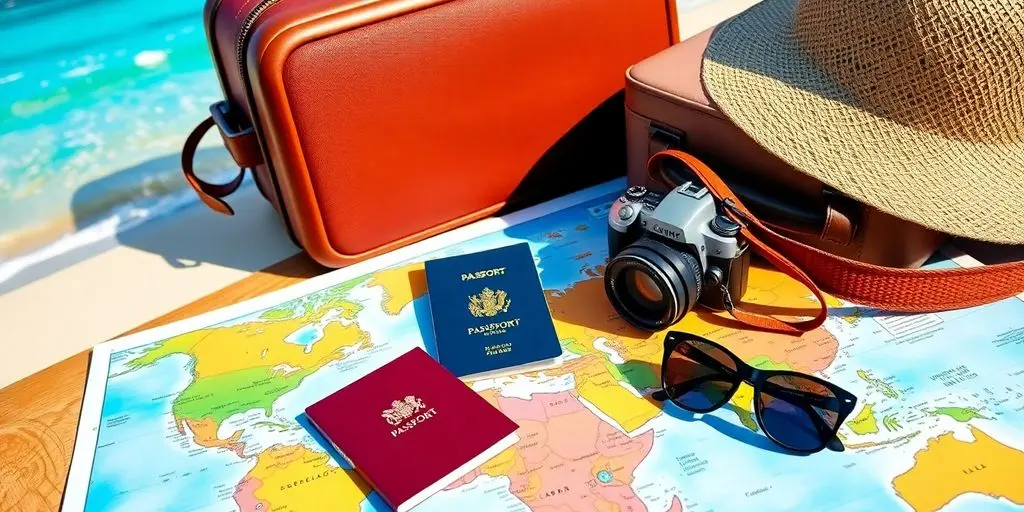 Colorful travel essentials on a beach-themed background.