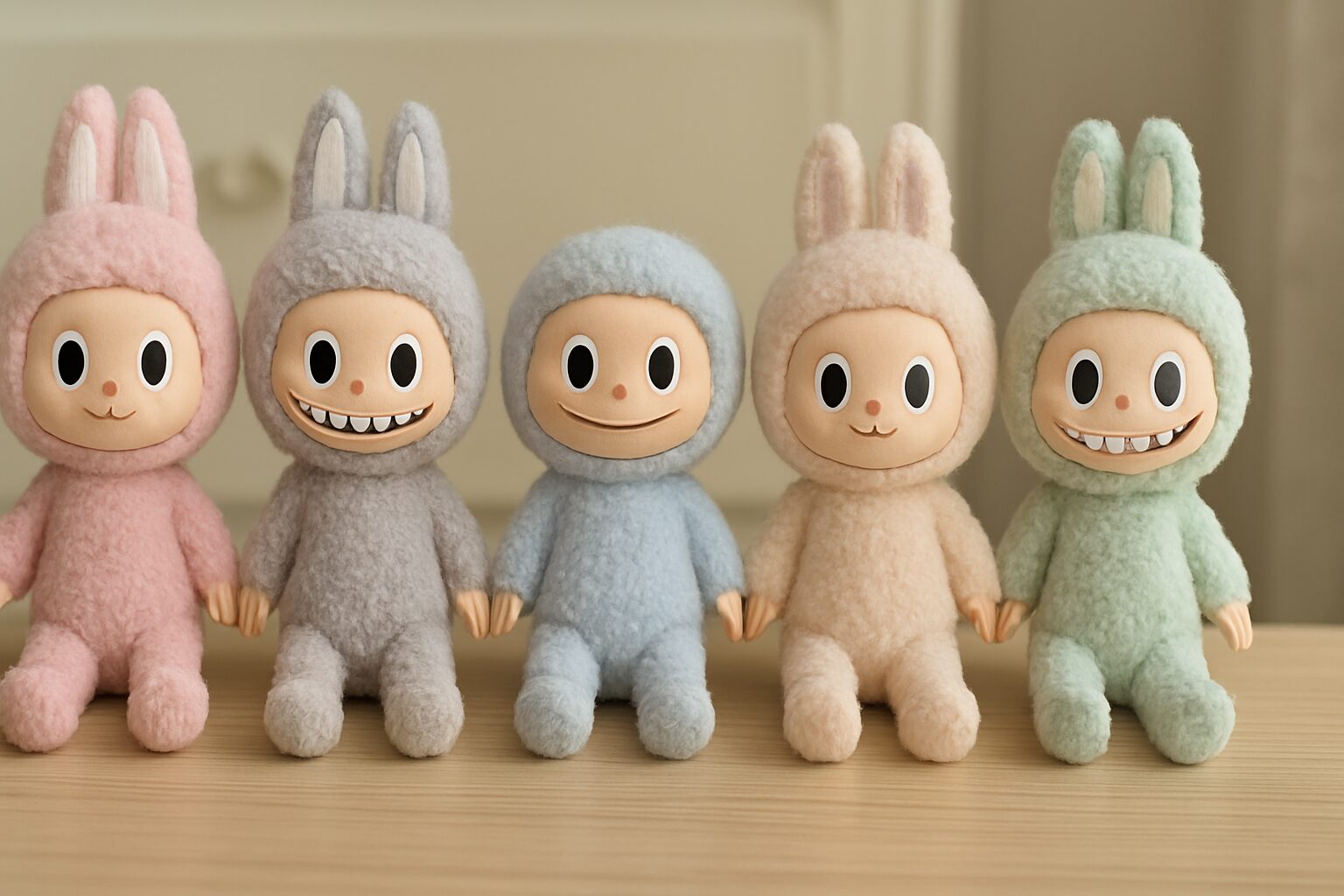 Five plush Labubu figures in pastel bunny costumes lined up on a wooden surface, featuring different facial expressions and soft textured outfits.