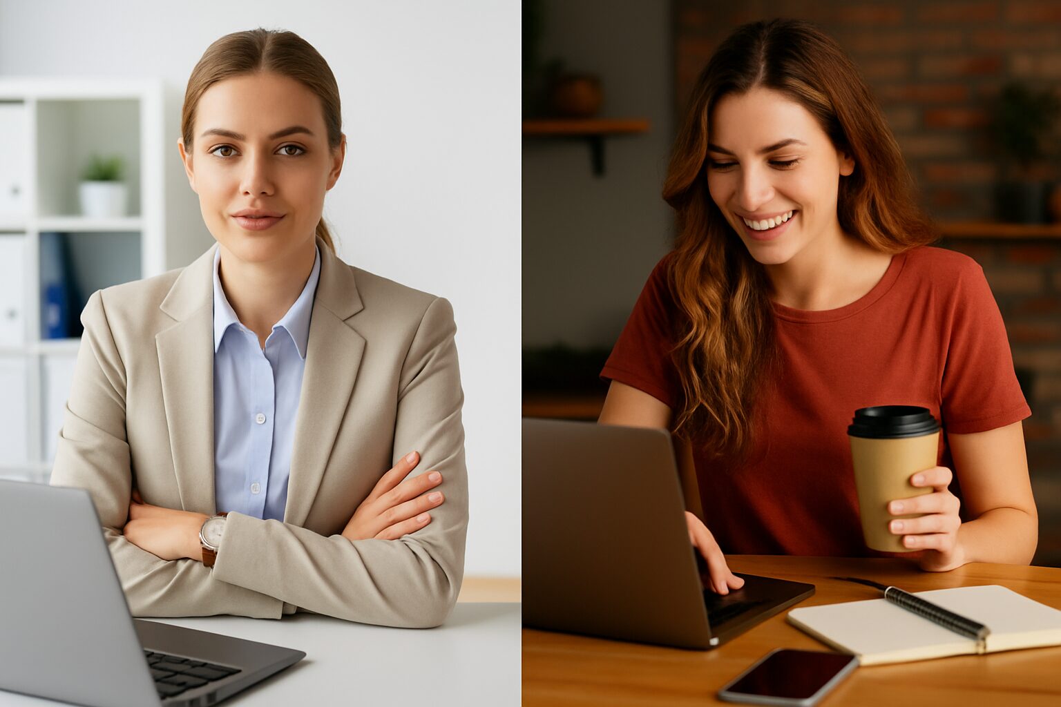 Person at office desk and at home working creatively
