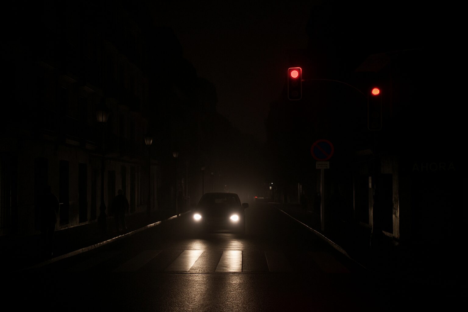 A dimly lit street scene at night in a European city during a blackout, with buildings silhouetted and minimal lighting visible.