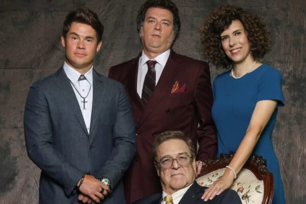 Cast of Righteous Gemstones Season 4 posing for a formal portrait, featuring Adam Devine, Danny McBride, John Goodman, and Edi Patterson.