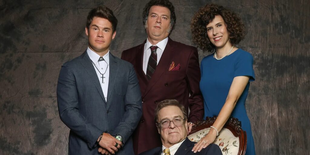 Cast of Righteous Gemstones Season 4 posing for a formal portrait, featuring Adam Devine, Danny McBride, John Goodman, and Edi Patterson.