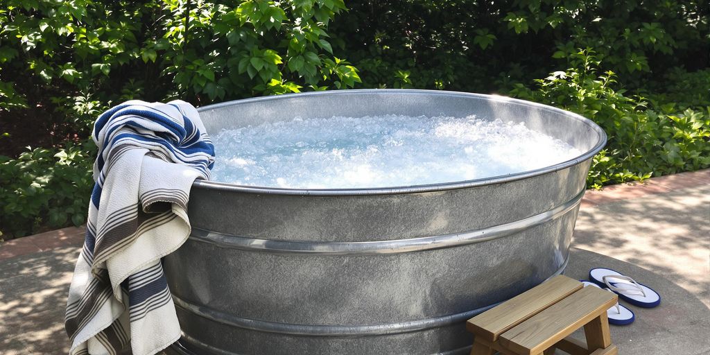 Galvanized tub with ice water outdoors next to towel.