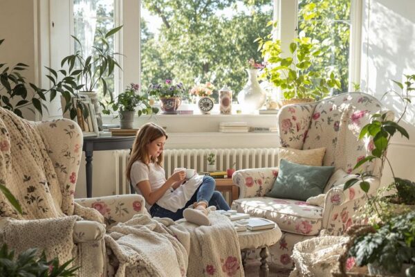 Young person doing Grandmacore hobby, embroidering in living room