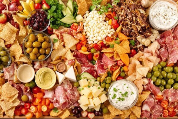 Charcuterie board with nachos, meats, cheeses, and dips