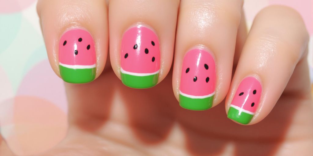 Hand with glossy watermelon-themed summer nail art manicure