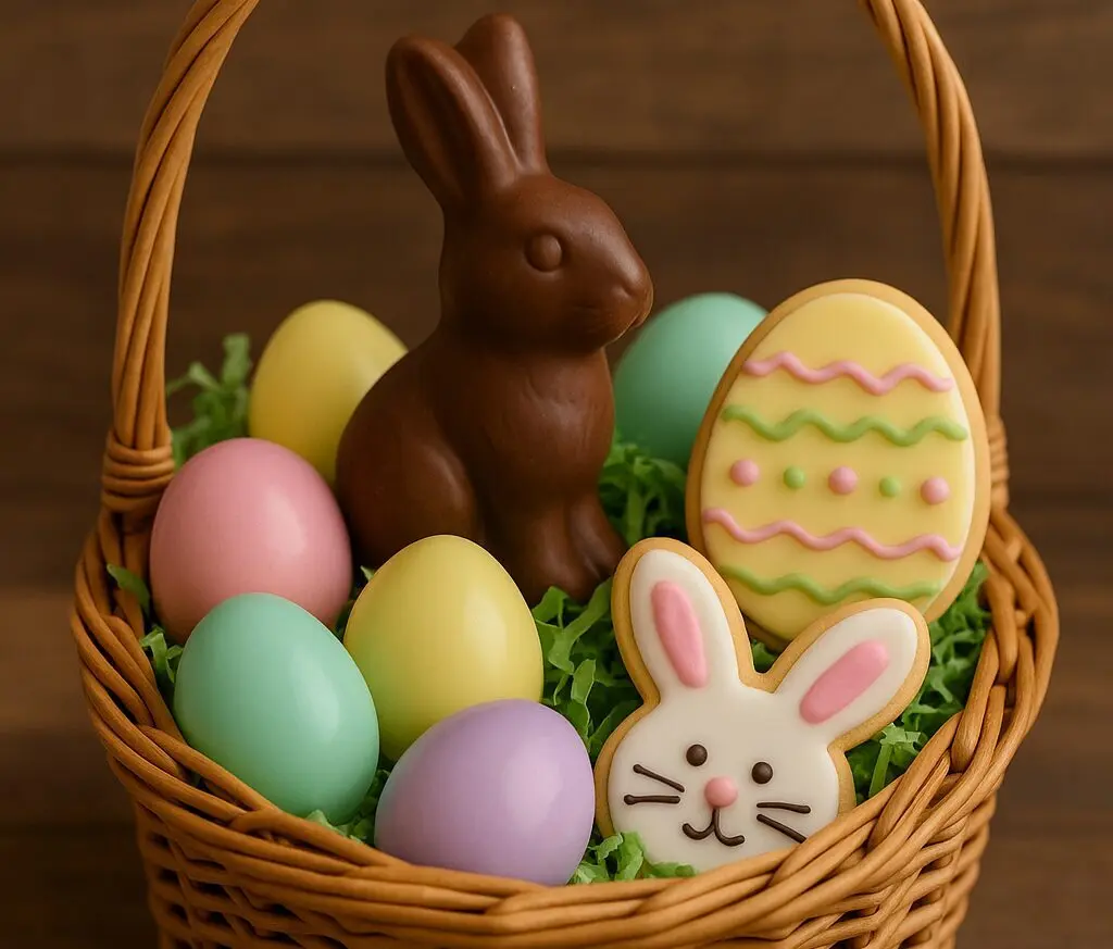 Colorful Easter basket filled with eggs and bunnies.