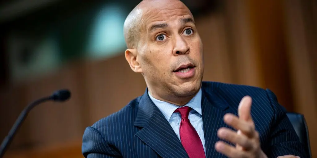 Senator Cory Booker speaking passionately in the Senate chamber.