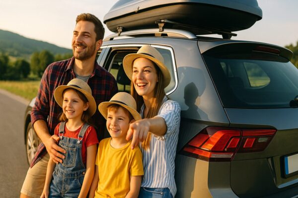 Happy family with kids enjoying a road trip together.