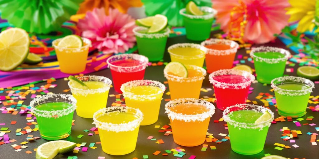Colorful margarita jello shots with lime wedges and salt rims