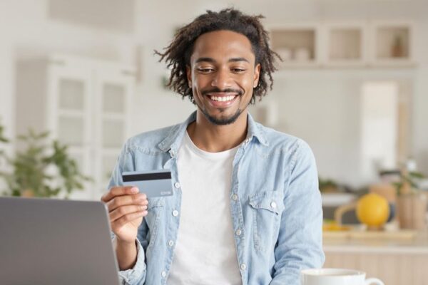 Young adult holding credit card at home table