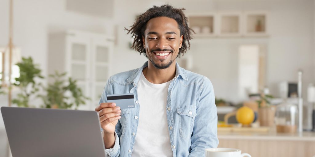 Young adult holding credit card at home table