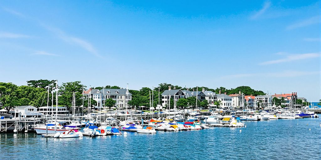 Colorful boats in Rhode Island harbor and colonial buildings.