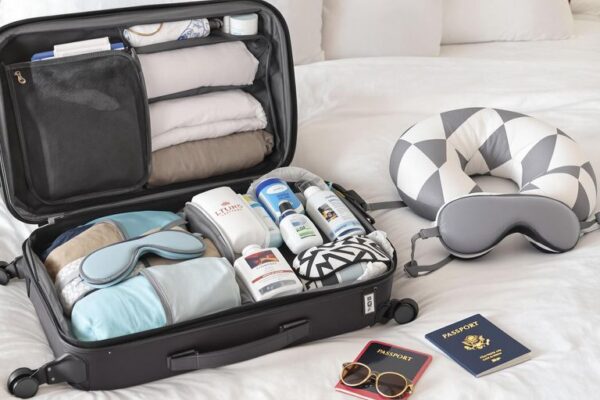 Open suitcase with rolled clothes and travel essentials inside.