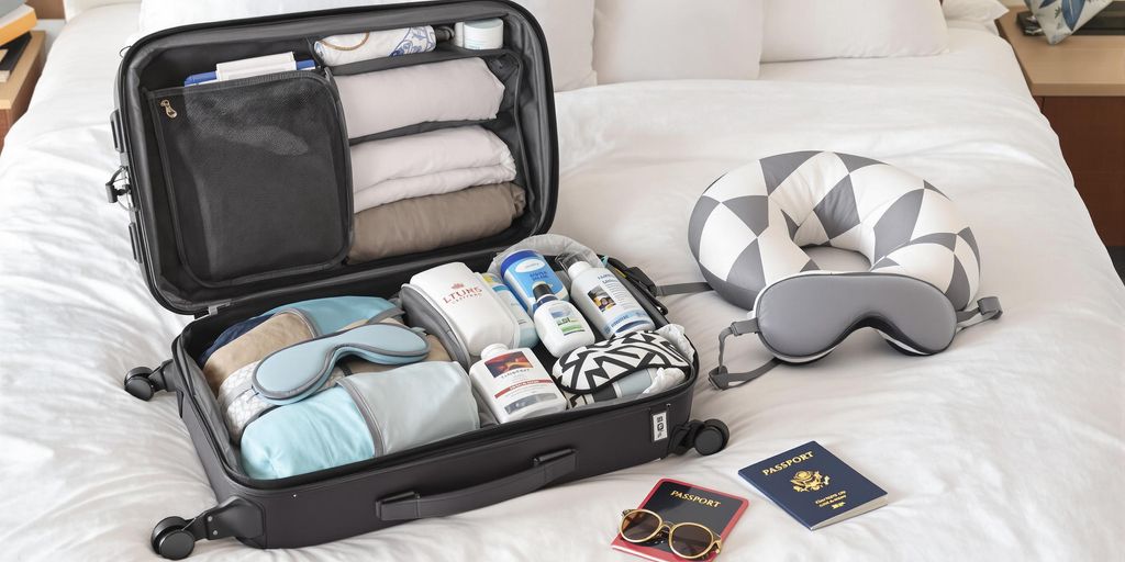 Open suitcase with rolled clothes and travel essentials inside.