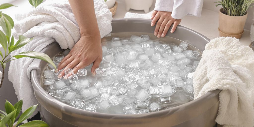Person entering icy water in a home bathroom