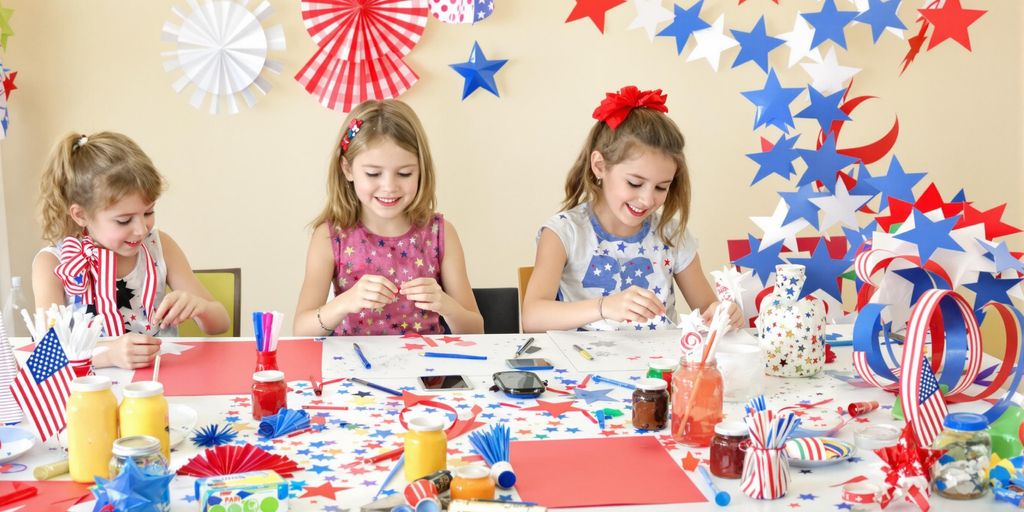 Kids making red, white, and blue Memorial Day crafts