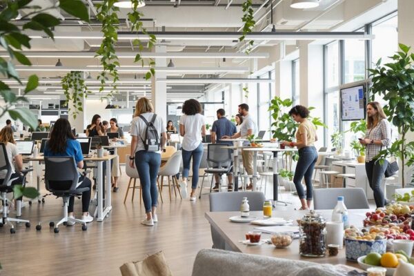 Office workers using standing desks and fitness trackers