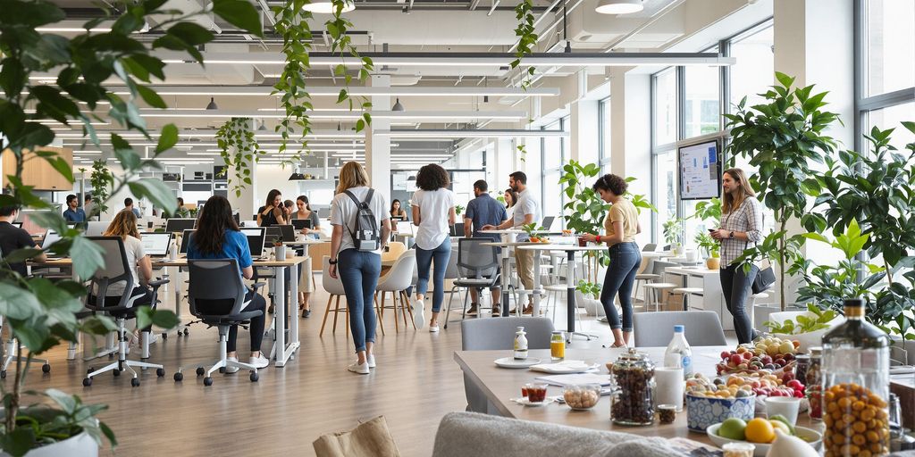 Office workers using standing desks and fitness trackers