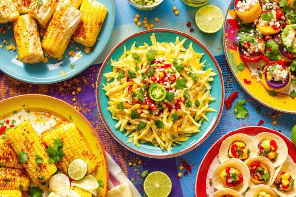 Tamales, elote, and mini tacos on a festive table.