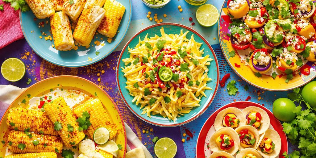 Tamales, elote, and mini tacos on a festive table.