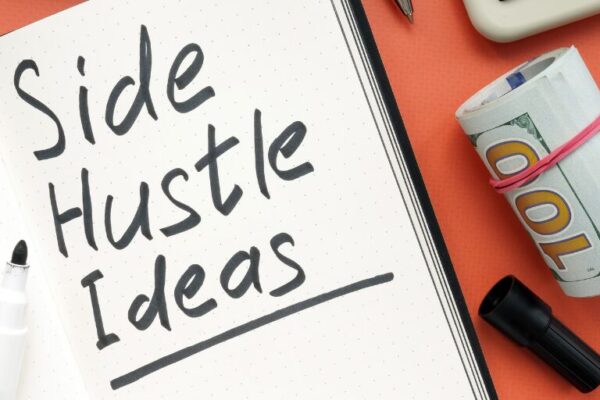 Notebook with "Side Hustle Ideas" and cash beside it.