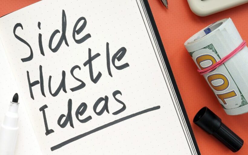 Notebook with "Side Hustle Ideas" and cash beside it.