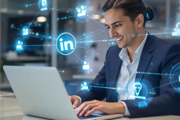 Person using laptop with AI and career-related icons