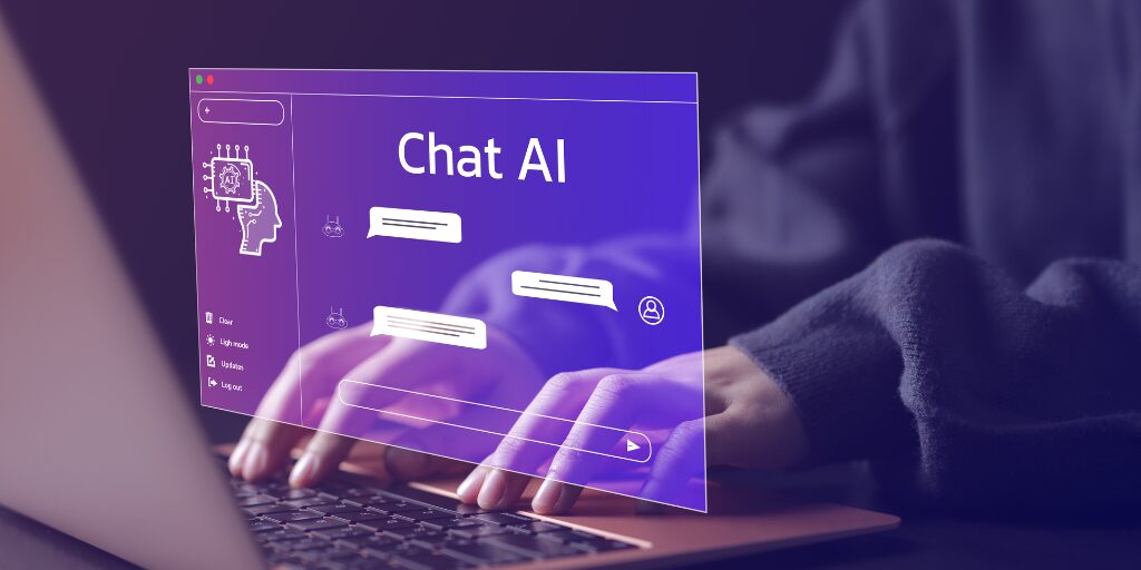 Person typing on a laptop with a transparent virtual interface displaying a chatbot labeled "Chat AI" and digital conversation bubbles.