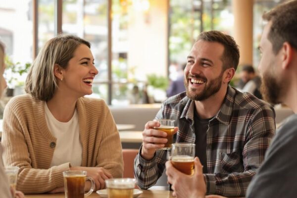 Three adults smiling and talking at a coffee shop.