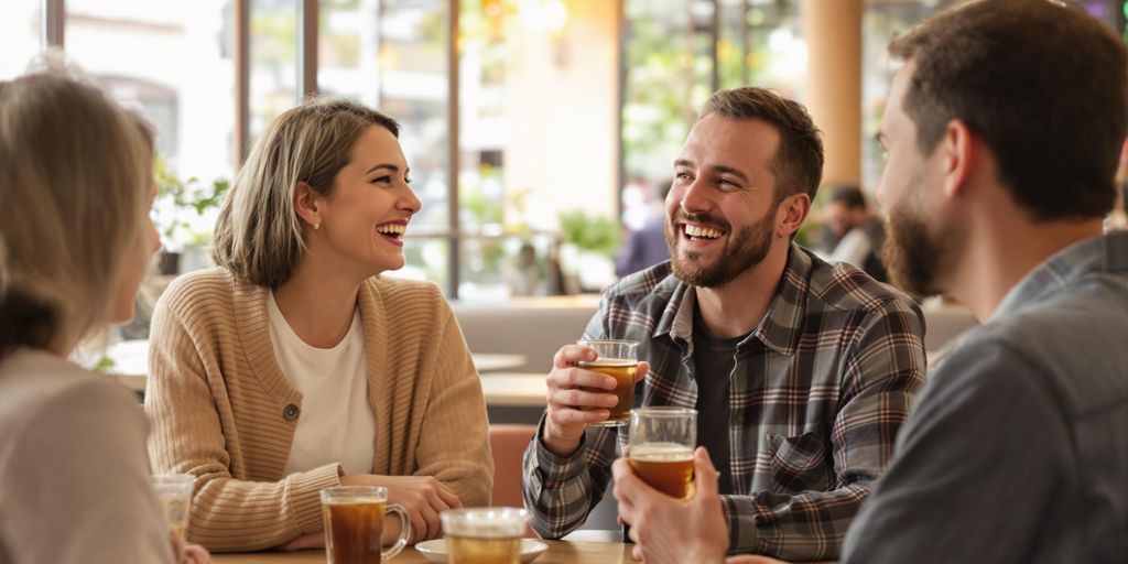 Three adults smiling and talking at a coffee shop.