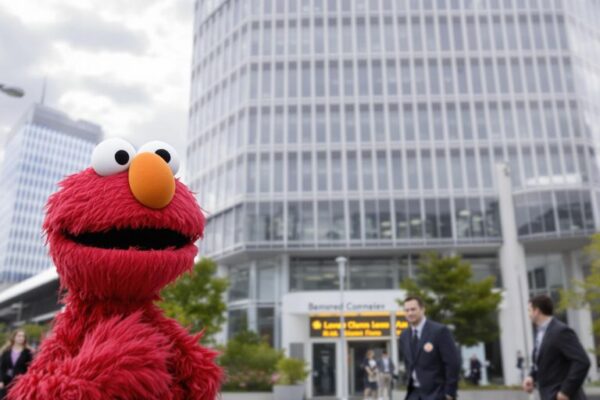 Elmo stands outside an office building looking surprised.