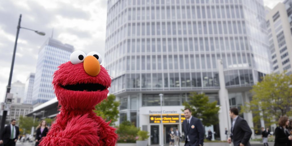 Elmo stands outside an office building looking surprised.