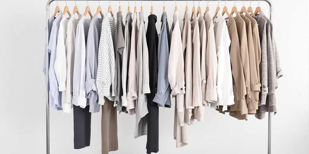 Minimal clothing rack with neutral, versatile wardrobe pieces