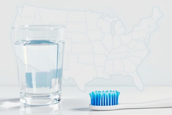 Map with highlighted states, water glass, and toothbrush.