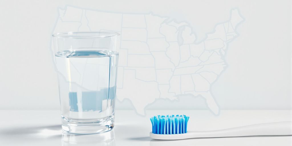 Map with highlighted states, water glass, and toothbrush.