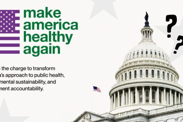 "Text promoting public health reform alongside a government building."