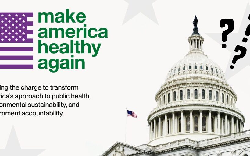 "Text promoting public health reform alongside a government building."
