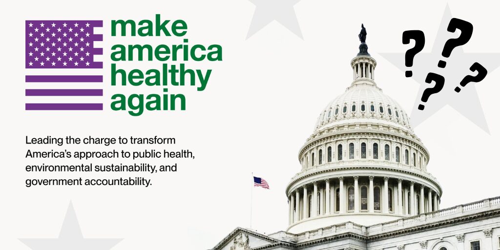 "Text promoting public health reform alongside a government building."