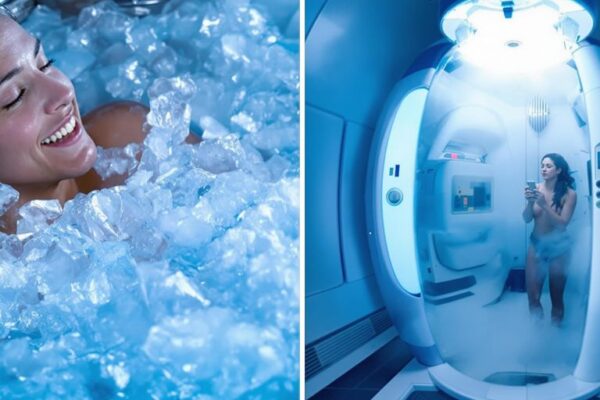 Split image of ice bath and cryotherapy chamber scene