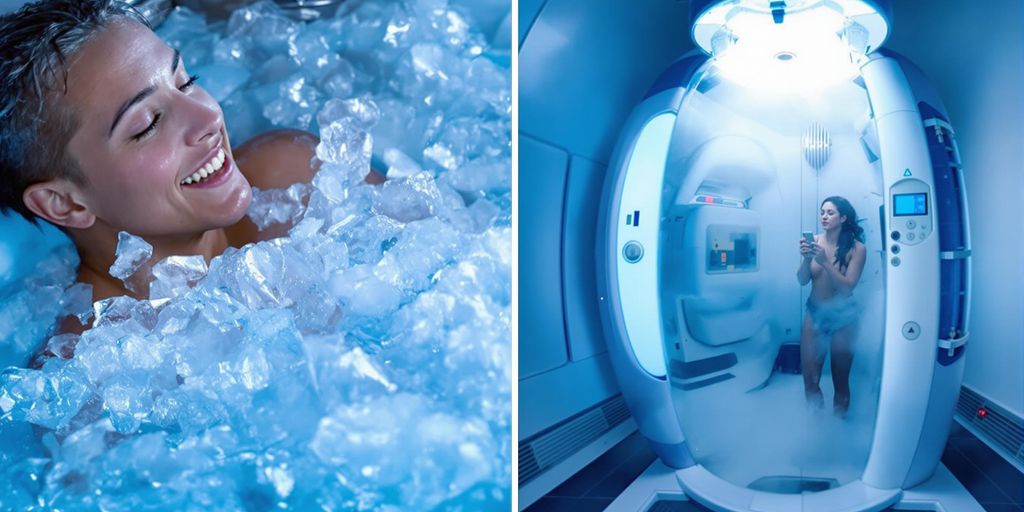 Split image of ice bath and cryotherapy chamber scene