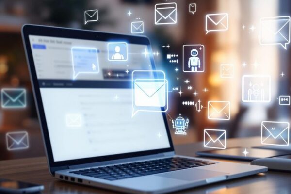 Laptop with email inbox and AI assistant icons on desk