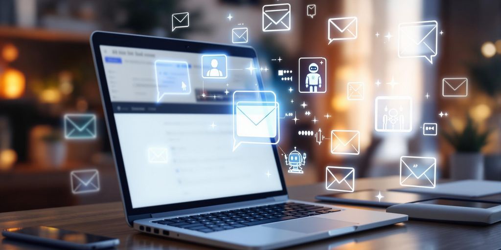 Laptop with email inbox and AI assistant icons on desk