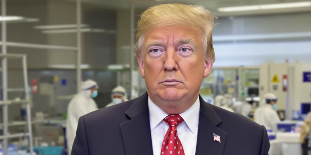 Trump stands before lab with scientists in protective gear.