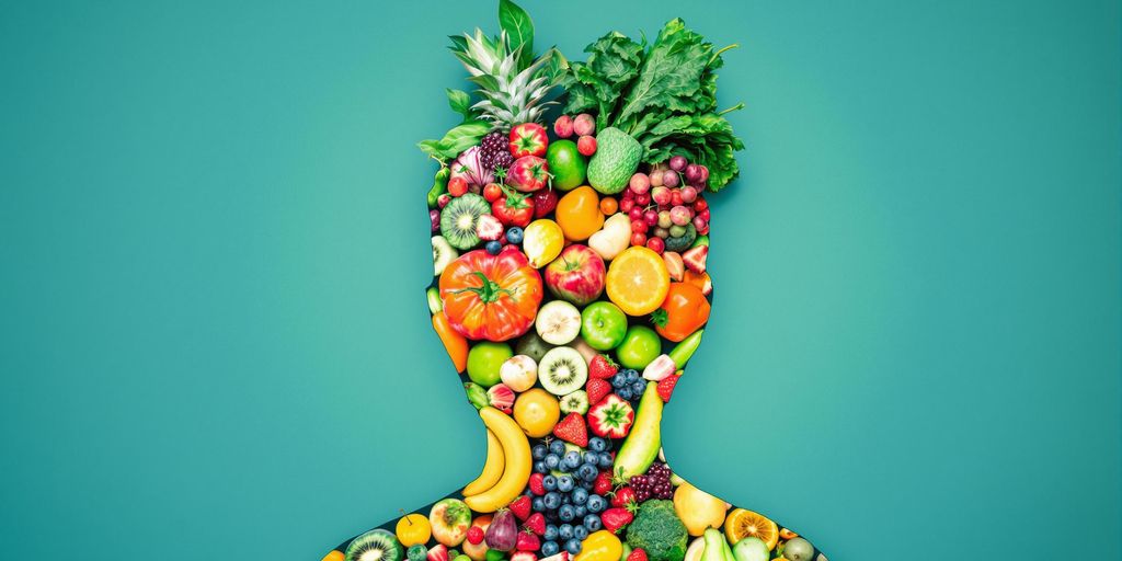 Fresh foods and human silhouette with calming blue background.