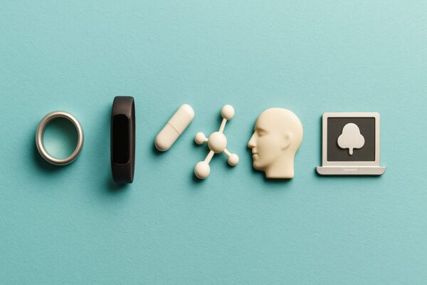 Flat lay of six wellness and biohacking items on a teal background, including a smart ring, fitness tracker, capsule, molecular model, human head sculpture, and laptop icon.