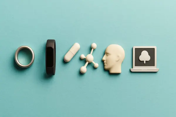 7 Biohacking Habits That Boost Productivity Without Burnout Flat lay of six wellness and biohacking items on a teal background, including a smart ring, fitness tracker, capsule, molecular model, human head sculpture, and laptop icon.