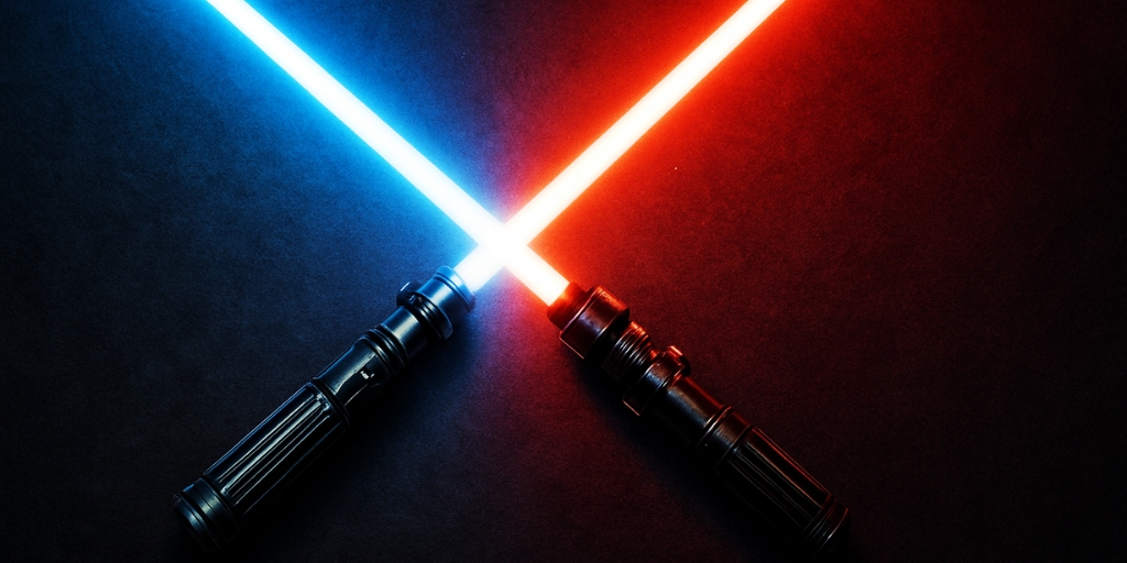Two lightsabers, one glowing blue and the other red—cross at their centers against a dark, textured background, with vivid light radiating from each blade